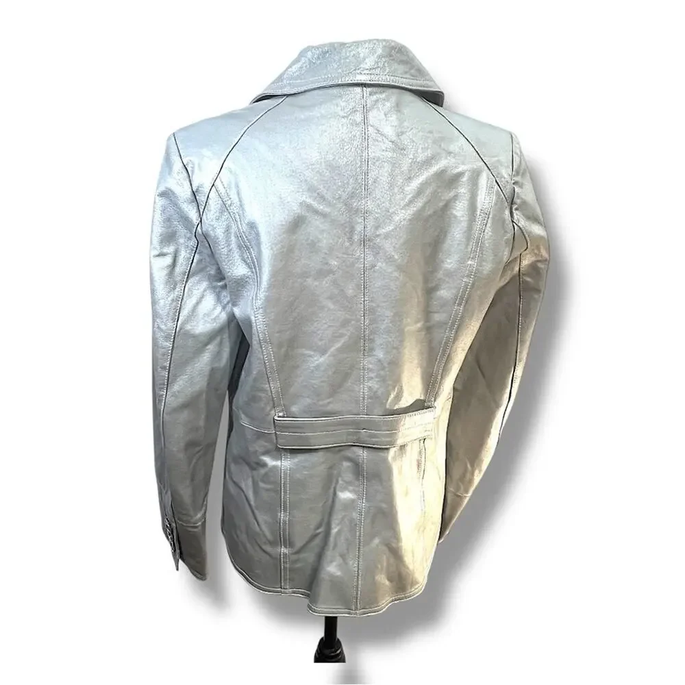 BRADLEY Elegant Silver Metallic Leather Oversize Rhinestone Buttons Jacket M